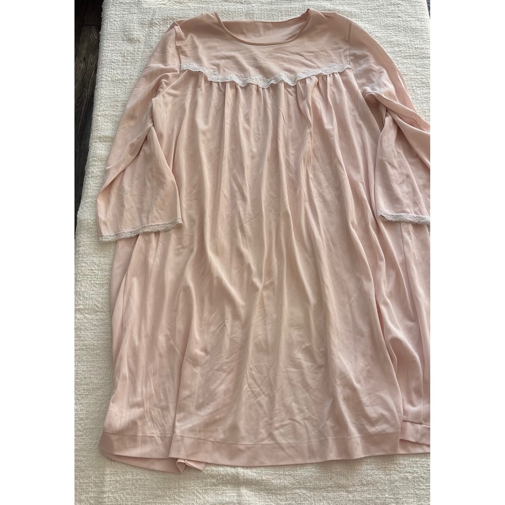 Vintage Pink Nylon Nightgown Lace Trim Long Sleeve Open Back L 6694 Made in USA